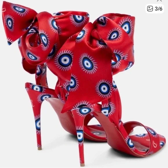 Christian Louboutin Red Satin Eye-Print Bow Stiletto Sandals - Picture 3 of 6